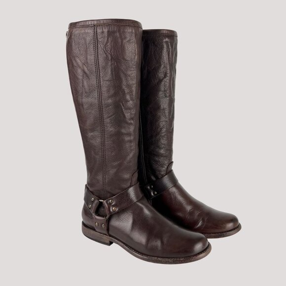 Frye Womens Phillip Harness Tall Riding Boots Brown Leather Back Zip size 7.5B - Picture 1 of 16